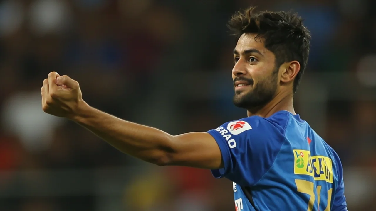 Close editorial view of a right-arm fast bowler in delivery stride during a powerplay over at an Indian cricket ground