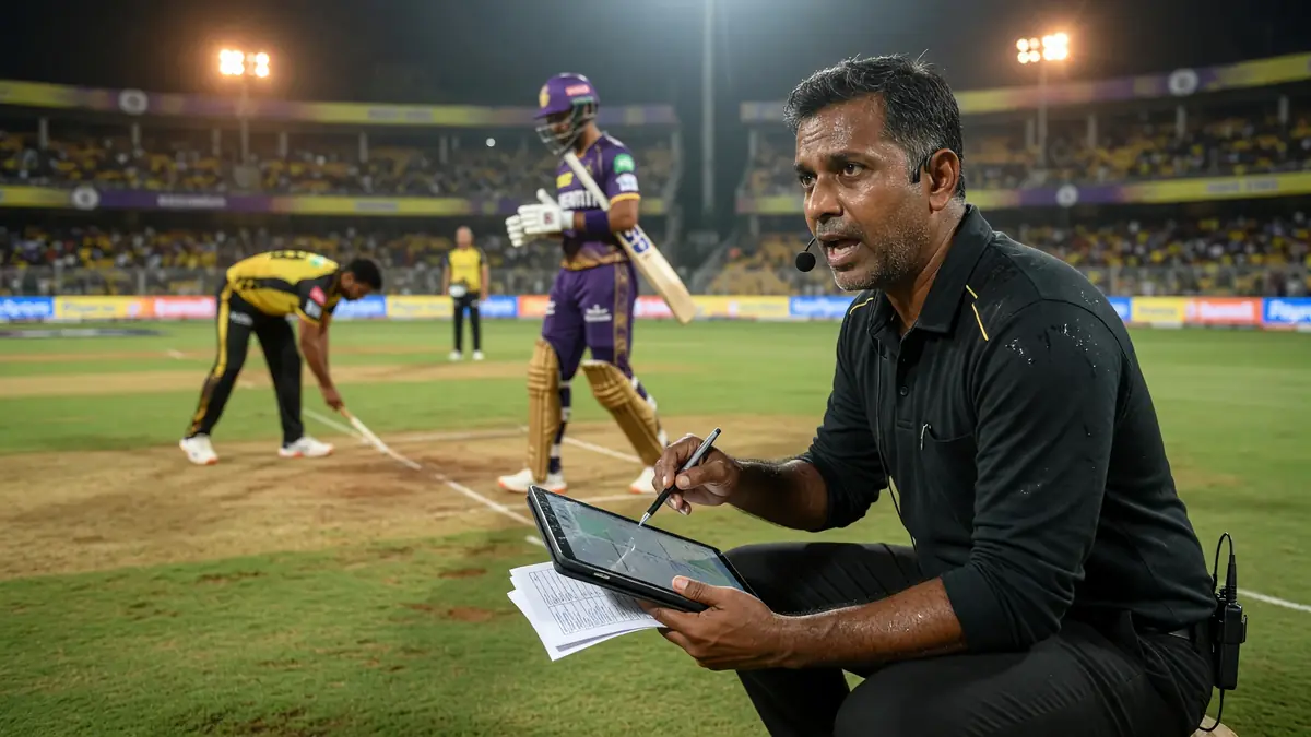 Cricket batter completing a high-elbow drive during an IPL match with the bowler following through in the foreground