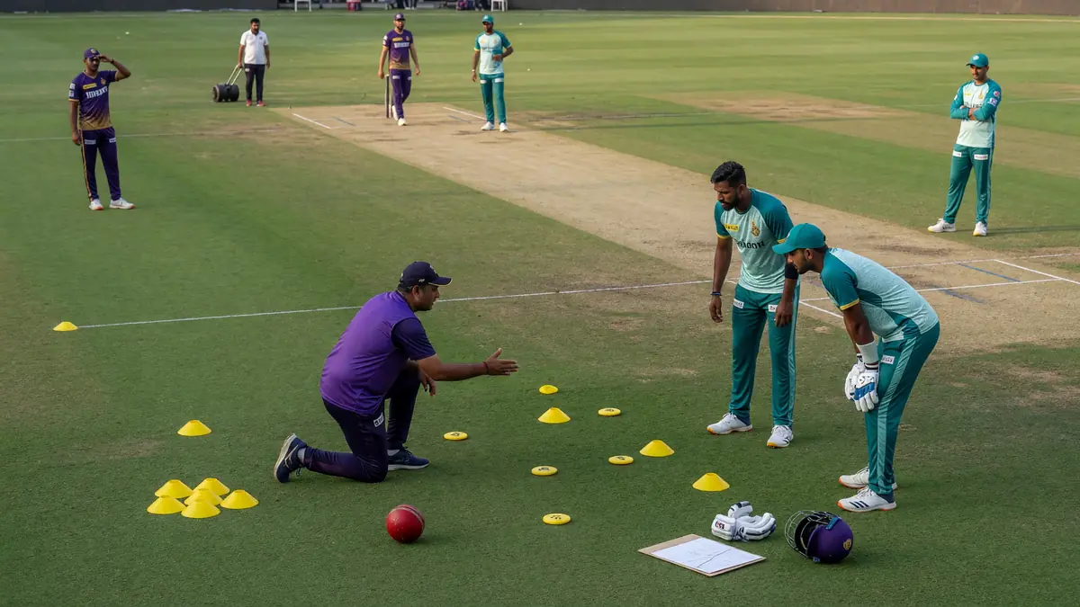 Medium view of a cricket fielding ring with a batter set at the crease and fielders adjusting positions on a sunlit ground